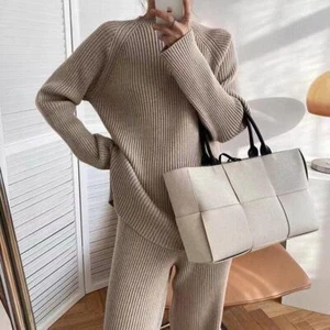 Women Casual Sweater Wide Leg Pants 2Pcs Cashmere Suit Chic Warm Office Knitwear - Picture 1 of 21
