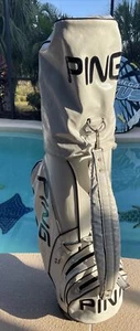PING Tour Golf Bag Vintage Classic Black Logo Faux White Leather Retro W/Cover - Picture 1 of 13