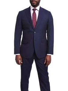 Napoli Slim Fit Solid Navy Blue Two Button Half Canvassed Guabello Wool Suit - Picture 1 of 6