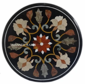 24" Black Marble Ancient Table Top Pietra Dura Gemstone Inlaid Work Home Decor - Picture 1 of 3