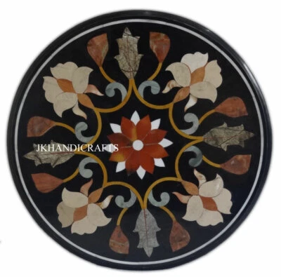 24" Black Marble Ancient Table Top Pietra Dura Gemstone Inlaid Work Home Decor - Image 1 of 3