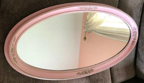Antique Oval Mirror with Pink Floral  Hand Carved Wood Frame Cover