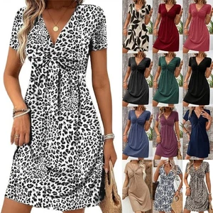 UK Ladies Summer Cotton Ruched Dress Casual Short Sleeve Midi Dresses Size 6-18 - Picture 1 of 26