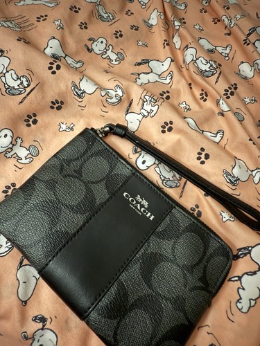 Coach Signature Braccialetto Cerniera Angolare Tela Rivestita e Pelle Nero