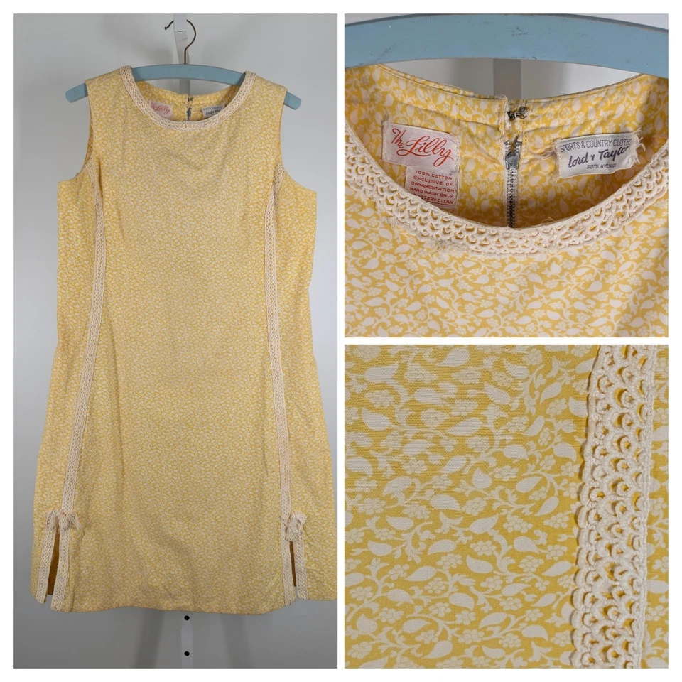复古 60 年代 The Lilly Pulitzer 换装连衣裙黄色花卉花边装饰 Lord & Taylor — 第 1/4 张图片