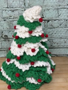 Vtg Crochet Christmas Tree 11" Handmade Kitschy MCM Centerpiece Green White Red - Picture 1 of 9