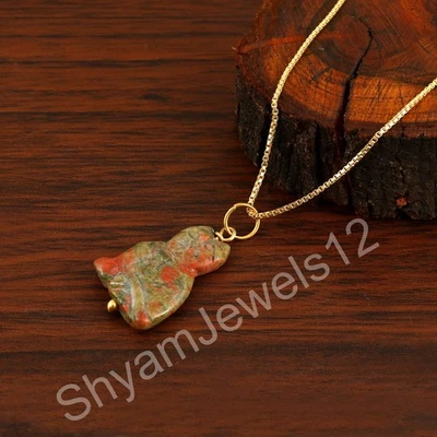 Argento Sterling Placcato Oro Splendido Unakite Gemma Ghiera Ciondolo Con Catena - Immagine 1 di 4