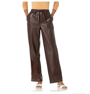 Calça com cordão de couro vegano REBECCA TAYLOR data pequena marrom carreira moderna - Imagem 1 de 4