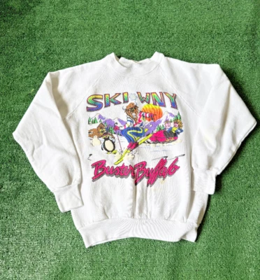 Винтажный 90-х Buster Buffalo лыж белый графический толстовка Sz M цветной - Изображение 1 из 4
