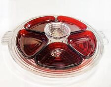 Anchor Hocking MCM 14” Manhattan Glass Relish Tray Royal Ruby & Clear Inserts