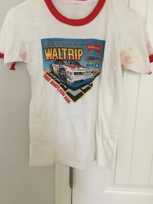 Camiseta Darrell Waltrip Budweiser Ringer tamanho juvenil vintage meados da década de 1980 - Imagem 1 de 2