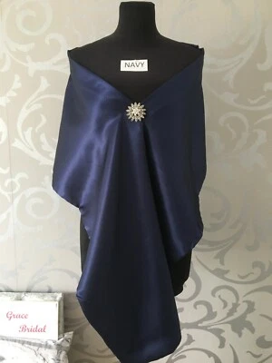 NAVY BLUE SILKY SATIN SHAWL WRAP WEDDING STOLE MAID. CRUISE PROM*UK MADE/SELLER*