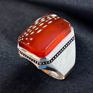 Mens Agate Gemstone Ring, Yameni Aqeeq Ring for Men, Handmade Mens Silver Ring - Picture 1 of 4
