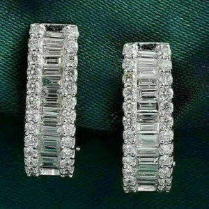 3.00 Ct Baguette Cut Diamond Huggie Hoop Cluster Earrings 14K White Gold Finish - Picture 1 of 4
