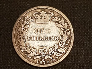 Original 1874 Queen Victoria Young Head .925 Silver Shilling Coin - VG/F - Picture 1 of 7