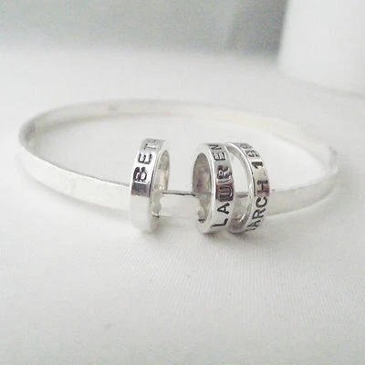 Personalised Charm Bangle Handmade Hammer Finish Sterling Silver Rings UK Made - Image 1 of 4