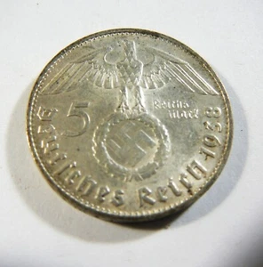 Germany 3rd Reich WW2 Silver 1938 D 5 REICHSMARK WITH SWASTIKA - Picture 1 of 2