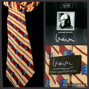 ACME STUDIOS TIE By MICHAEL GRAVES 100% Silk w/ Stripes and Squares Excl’t Cond. - Picture 1 of 6