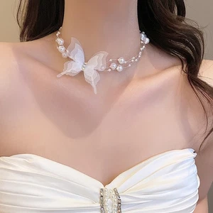 Women Butterfly Choker Necklace Goth Butterfly Necklace Pearl Choker Necklace - Picture 1 of 7