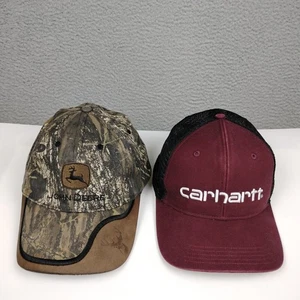 Carhartt Maroon Trucker Mesh Cap And John Deere Camo Deer Patch Hat Bundle Lot 2 - Picture 1 of 14