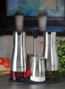 Regalo Italiano Set Menage Olio, Aceto, Sale e Pepe Vetro Acciaio - Imagen 1 de 1