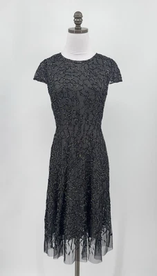 Monique Lhuillier Black Beaded Fit Flare Dress Sz 6 - Image 1 of 4