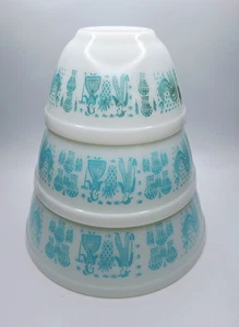 VTG Pyrex Turquoise Amish Butterprint Nesting Mixing Bowls Set #403-402-401 EUC - Picture 1 of 9