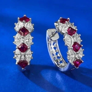 2.40Ct Created Red Ruby Princess Huggie Diamonds Earrings 14K White Gold Finish - Picture 1 of 4