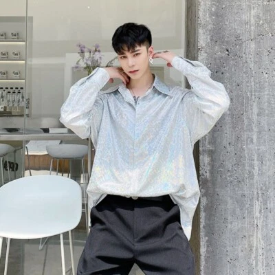 Men Holographic Shiny Shirt Top Button Loose Stage Blouse Showman Party Shirt - Image 1 of 4