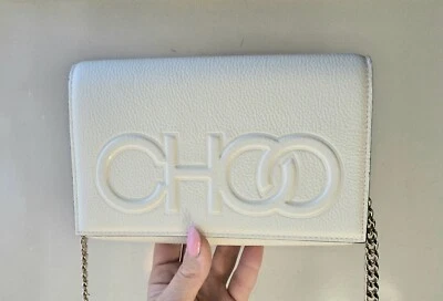 Bolso Bandolera Jimmy Choo Cuero Blanco Leche Cadena Plateada Logo Choo Sonia Foto 1 de 4