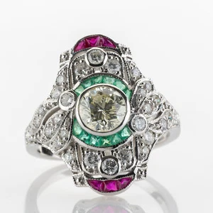 Vintage Ring aus 750er Weißgold mit Brillanten, Smaragden und Rubinen - Bild 1 von 5