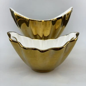 10 Strawberry Street Gold Clam Shell Pair Of ￼￼Oval Porcelain Serving Bowls - Picture 1 of 22