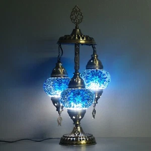 Turkish Lamp, 3 Globe Turkish Table lamp, Mosaic Moroccan Desk Lighting, Asylove - Picture 1 of 54