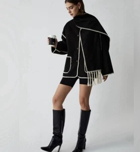 Black Sz S Ladies Jacket And Scarf Felt Black White Crochet Edging Commense NWT - Imagen 1 de 17