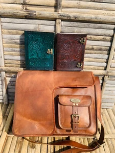 16 inch Leather Handmade Vintage Laptop Messenger Satchel Bag Two Journals Gift - Picture 1 of 6