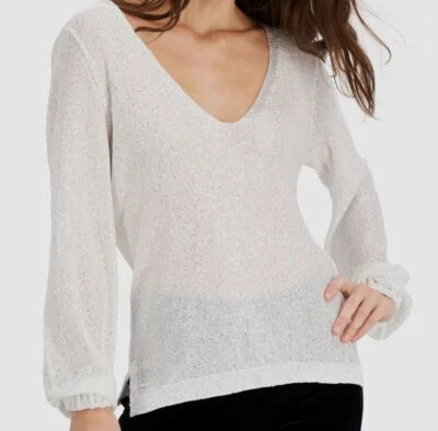 $295 Donna Karan Women's White Top Balloon-Sleeve Sequin Sweater Size M - Image 1 of 2