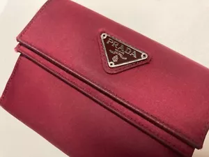 PRADA VINTAGE TRIANGLE EMBLEM POCONO NYLON LEATHER WALLET TRIFOLD ITALY RED - Picture 1 of 24