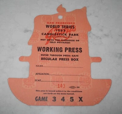 Boleto de pase de prensa fantasma de la serie mundial de los Gigantes de San Francisco de béisbol 1965 sin usar Foto 1 de 2