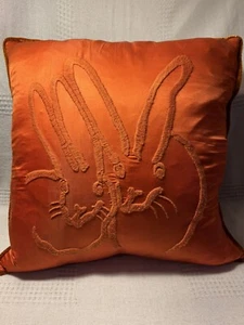 Hunt Slonem Hand-Embroidered Silk Velvet Bunny Pillow Orange 18 x 18 NWOT * - Picture 1 of 3