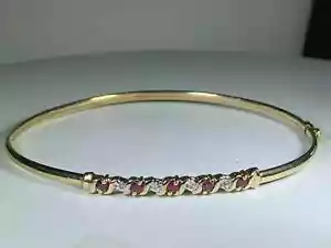 14K Yellow Gold Finish Round Cut Red Ruby & Diamonds Bangle Bracelet 2.65Ct - Picture 1 of 5