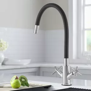 Mixer Tap Handles Monobloc Kitchen Sink Faucet with Swivel Spout Stainless Steel - Picture 1 of 28