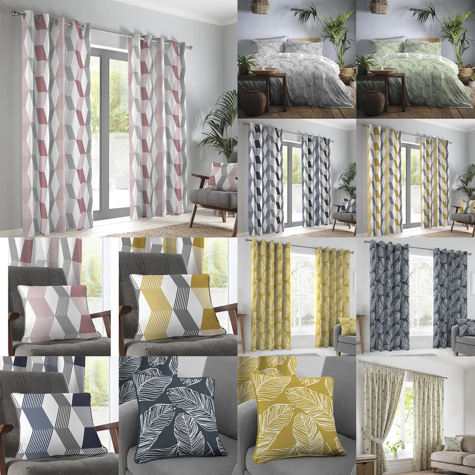 Modern Fusion Leaves Geometric Abstract Design Eyelet Lined Curtains / Cushions - Image 1 of 1