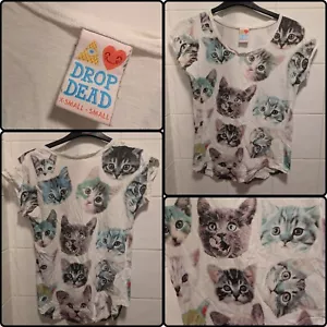 Drop Dead XS/Small Petite Womans Teens White TShirt Cat Kitten Trippy Top - Picture 1 of 6