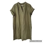 J. Jill Large Shift Dress Silk Linen Blend Army Olive Green Split Neck Pockets