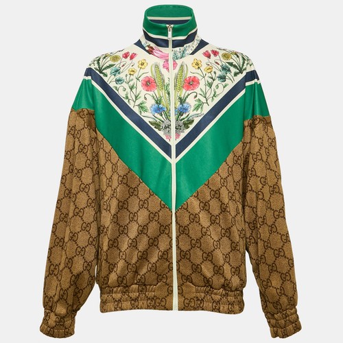 Giacca Gucci marrone verde stampa floreale e GG jersey zip pista XXS