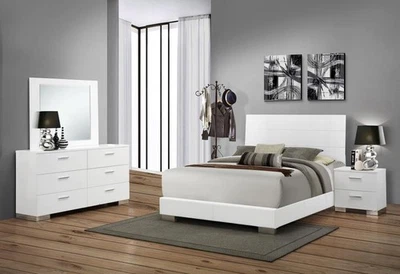 4 PC WHITE HIGH GLOSS KING BED NS DRESSER LED MIRROR BEDROOM FURNITURE SET - Image 1 of 4
