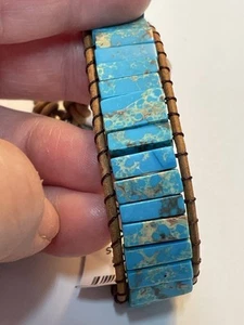 Blue Imperial Jasper Leather Braided Bracelet Gemstone Button Closure NEW 20%OFF - Picture 1 of 5