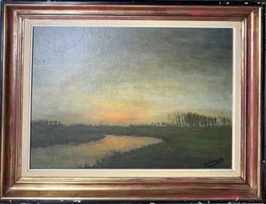 Antique European Oil Canvas Wrapped Board Moody Dusk River Landscape Signed - Picture 1 of 19