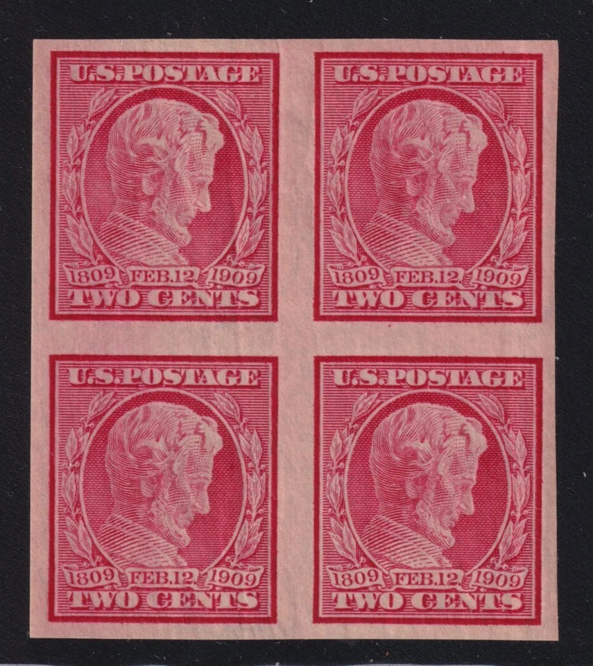 1909 Abe LINCOLN 2 carmine Sc 368 imperf 3mm MLH with OG XF block of 4 (FA - Image 1 of 1