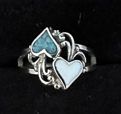 Mother Of Pearl, Turquoise, Silver Tone Double Heart Ring Size 7.75 - Image 1 of 4